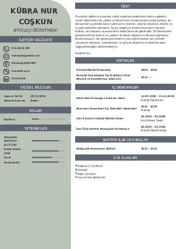 Biyoloji Öğretmeni CV Örnekleri cv indir